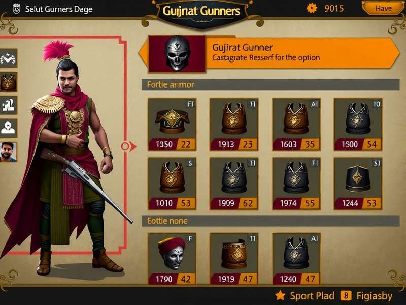 Gujarat Gunners character customization screen showing various Indian armor options